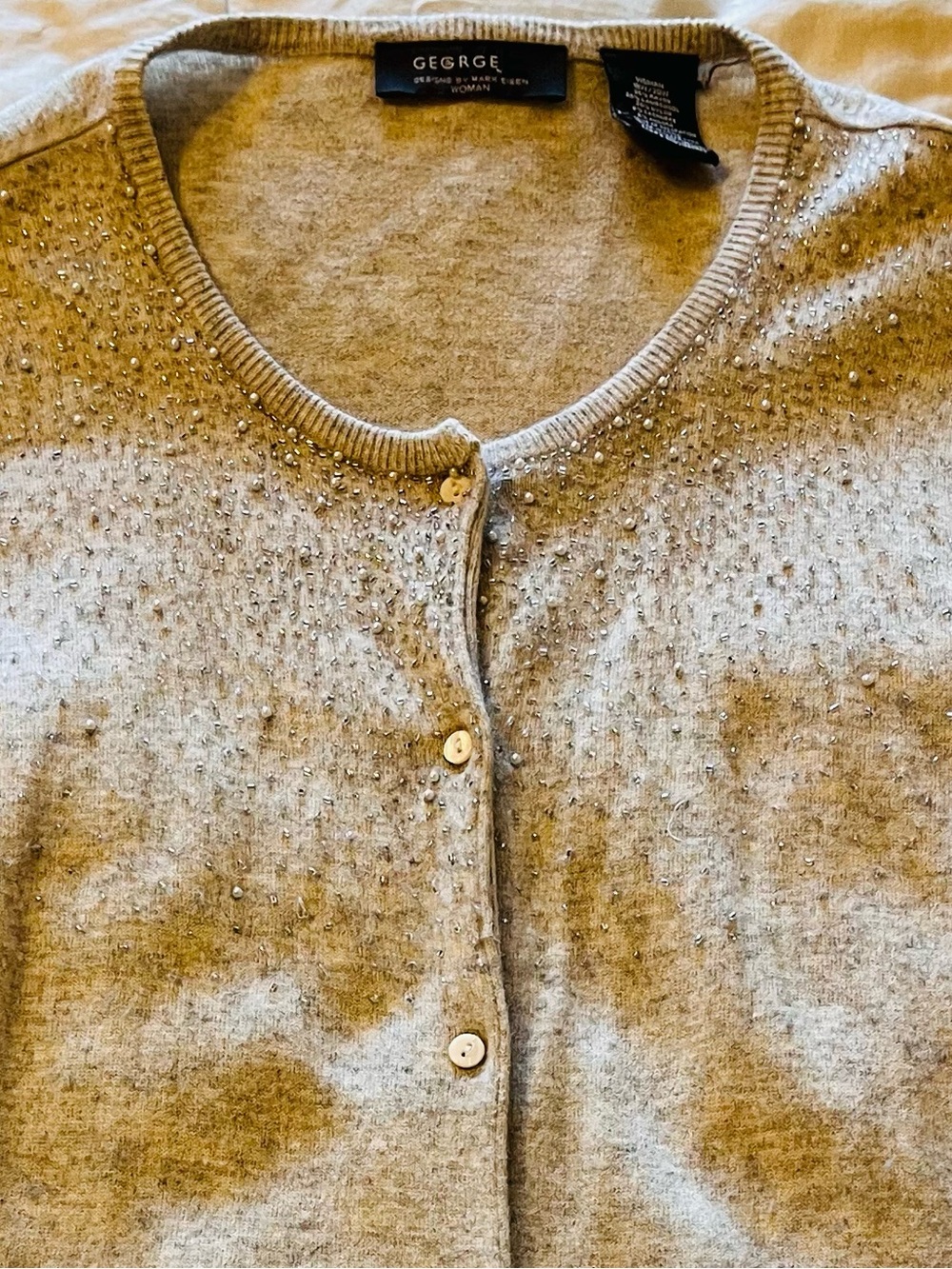 Vintage Beaded Button-Up Crewneck Cardigan Lambswool Cashmere Blend Sz 18-20W